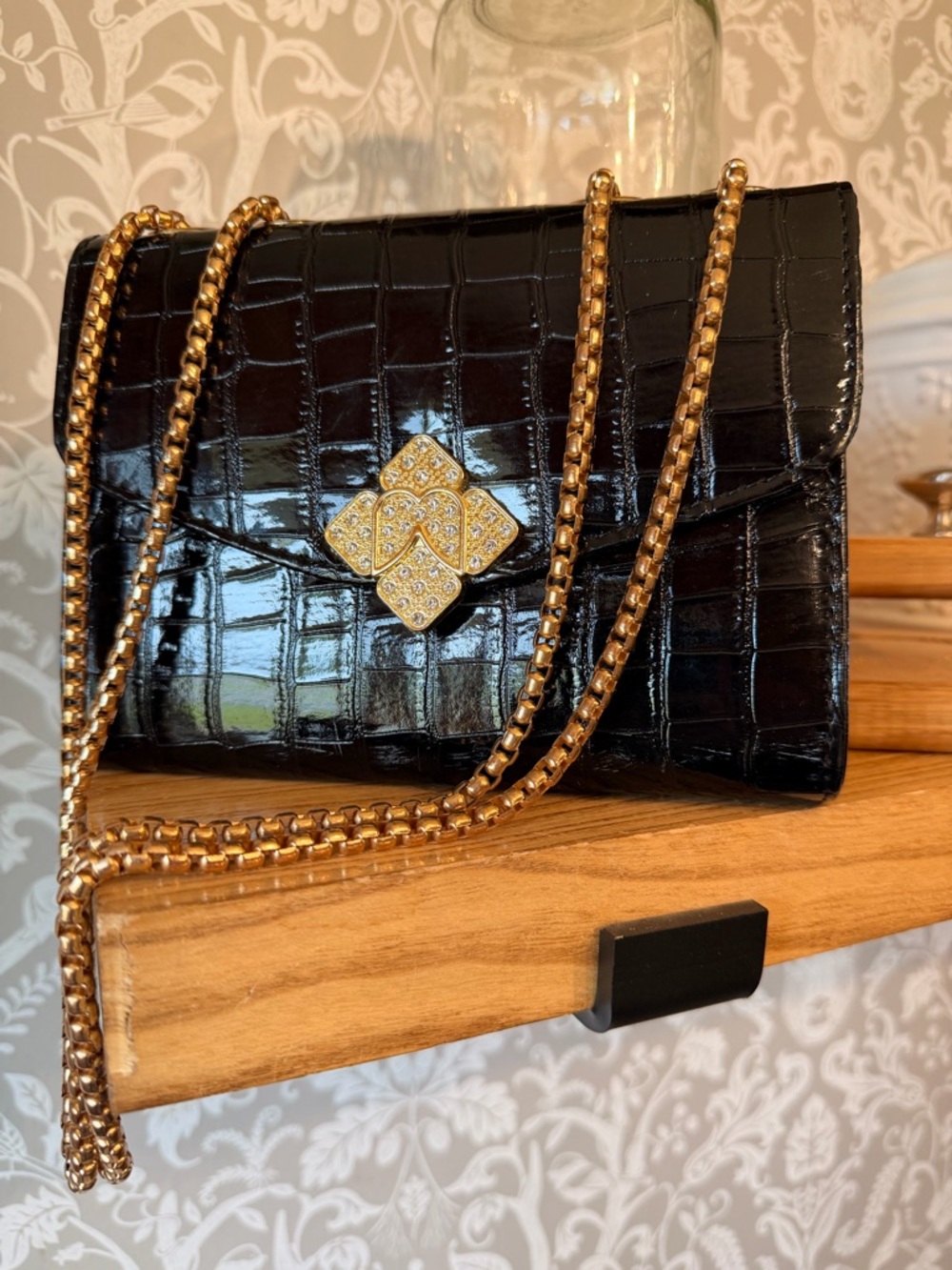Vintage Croc Embossed Evening Bag Gold Hardware Rhinestone Embellishment